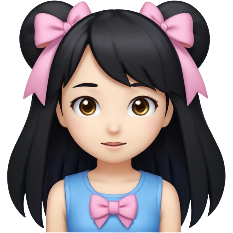 A kawaii-style emoji of a cute anime girl with long, straight black hair, with side bangs, big shiny brown eyes, and soft makeup. She has a small pink bow on her hair and is wearing a pastel blue top but with a Sonic the Hedgehog design printed on it (cute Sonic style). emoji