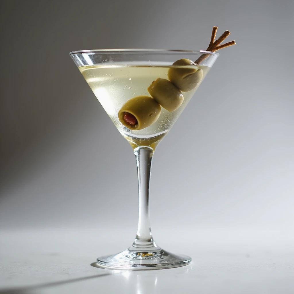 realistic martini cocktail in clear glass with olive garnish, photorealistic style emoji