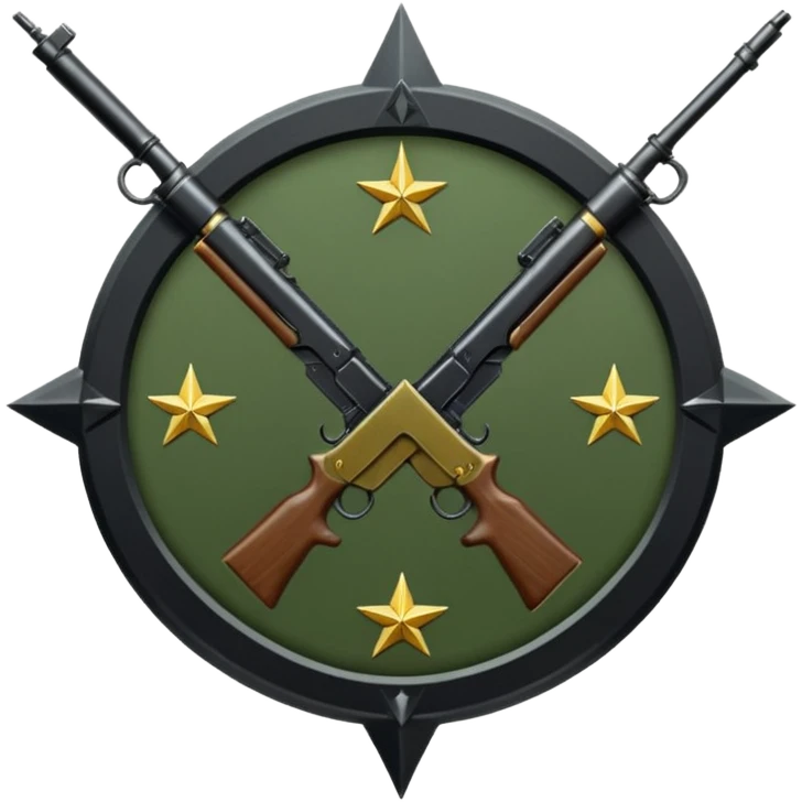 Insignia militar realista para videojuegos de guerra (estilo Delta Force), forma de escudo metálico con bordes desgastados. Incluye:

Símbolo: [fusiles cruzados / águila / estrellas / espada] Insignia redonda con fusil cruzado y una estrella, metal rayado, verde oliva y negro. emoji