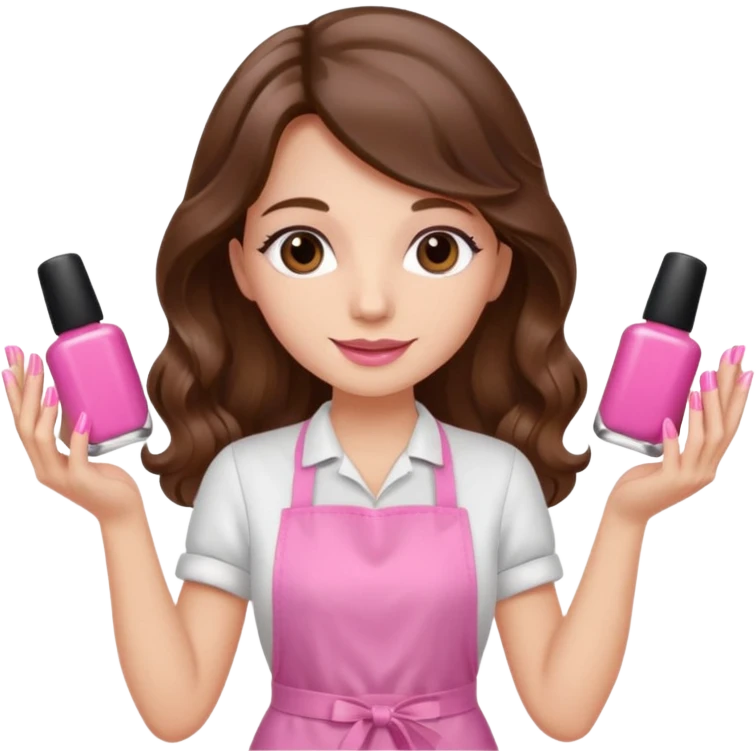 Manicurist girl with long wavy brown hair, wearing a pink apron, holding nail polishes in her hands emoji