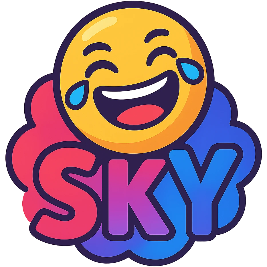 Discord game alliance logo for 'SKY' with dynamic cartoonish laughing emoji centerpiece, gradient red pink violet blue, prominent playful rounded lettering 'SKY', cheerful inviting mood emoji