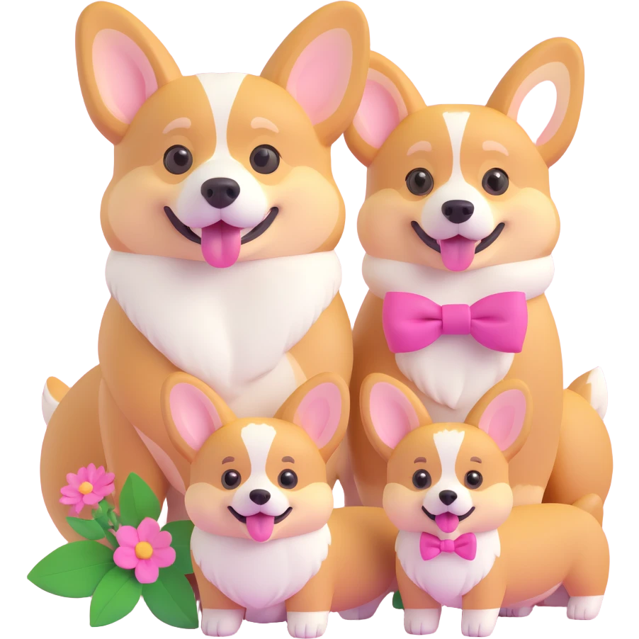 corgi family together: male, female with pink bow, and small puppy with flower, all looking happy emoji