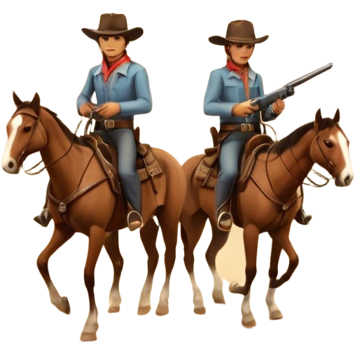 Icon for Western: A vintage movie poster-style design with cowboys on horseback, dusty desert landscape, and a setting sun. Include cowboy hats, revolvers, and an old saloon. The design should have bold typography and a retro cinematic feel. Transparent background. emoji