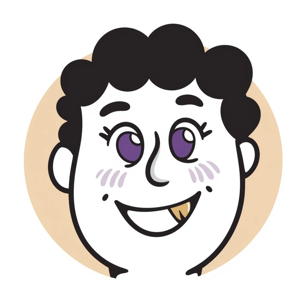 doodle style face with purple heart eyes, smiling with a front tooth gap and a gold tooth on the side, brown background emoji