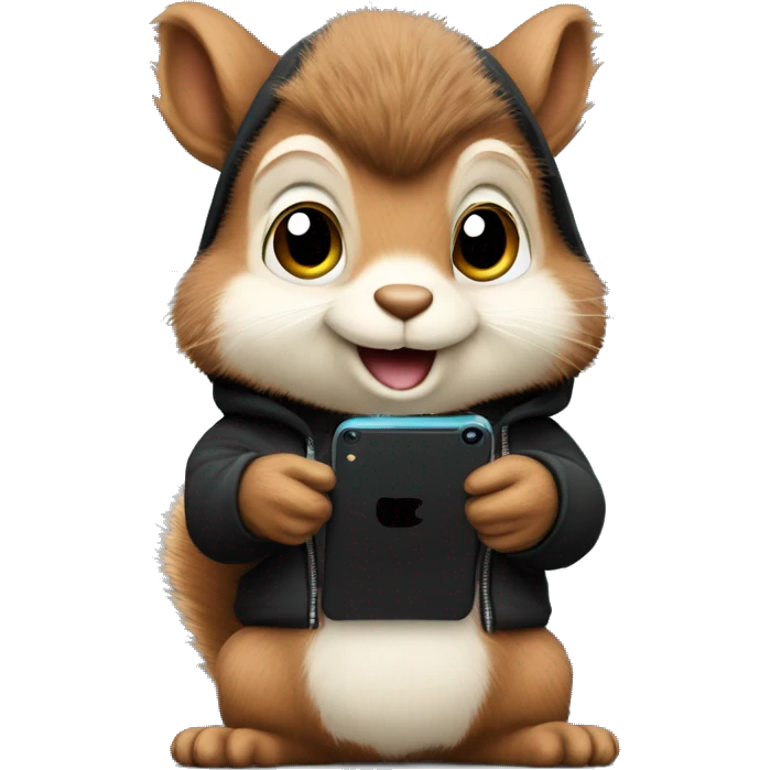 Cute realistic fluffy Squirrel with fluffy ears in black hoodie holding an iPhone  emoji