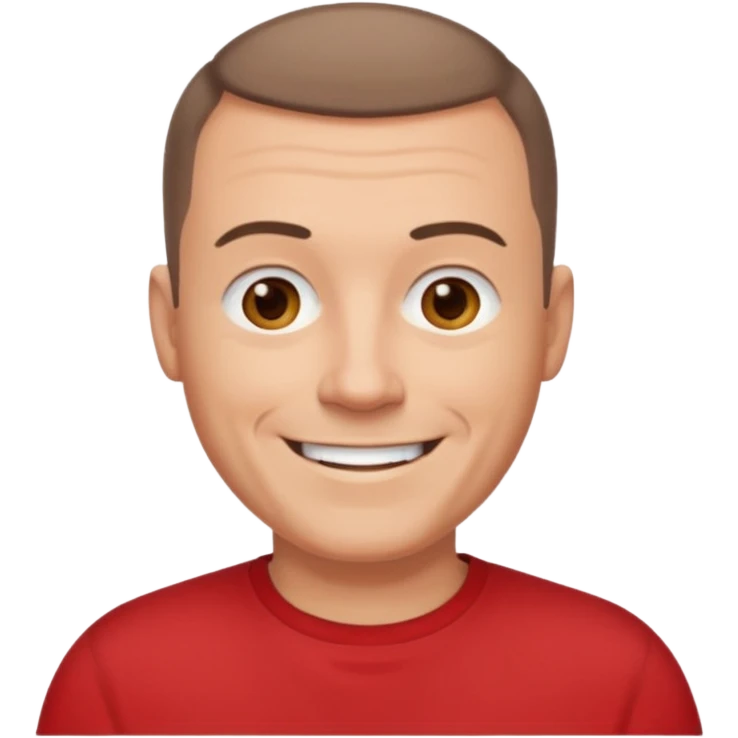 middle aged man, buzz cut brown hair, wearing a red t-shirt, smiling emoji