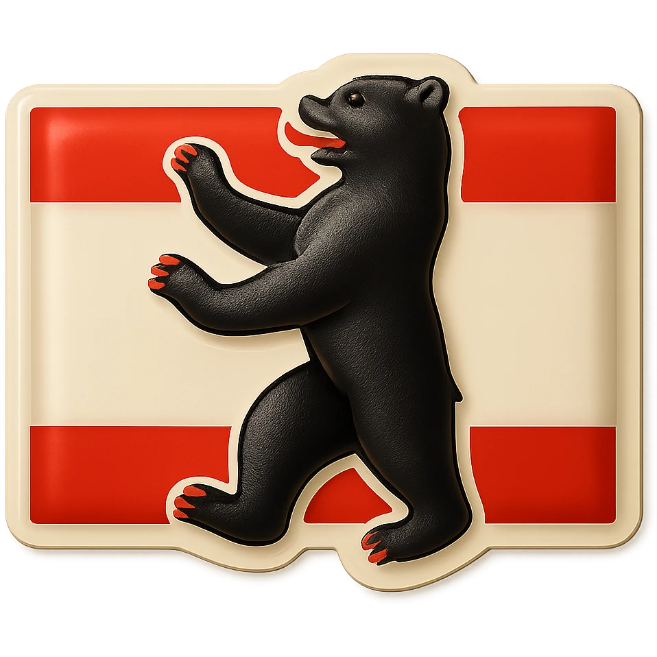 Create an emoji of the Berlin Bear, less cartoonish, with the Berlin flag as the background, no text. The style should be retro stickers style with clear and vibrant colors, maintaining the iconic features of the Berlin Bear but with a more realistic and less cartoonish look. emoji