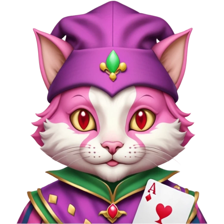 court jester cat medieval, single poker card joker clearly visible, pink, face only, court jester cap emoji
