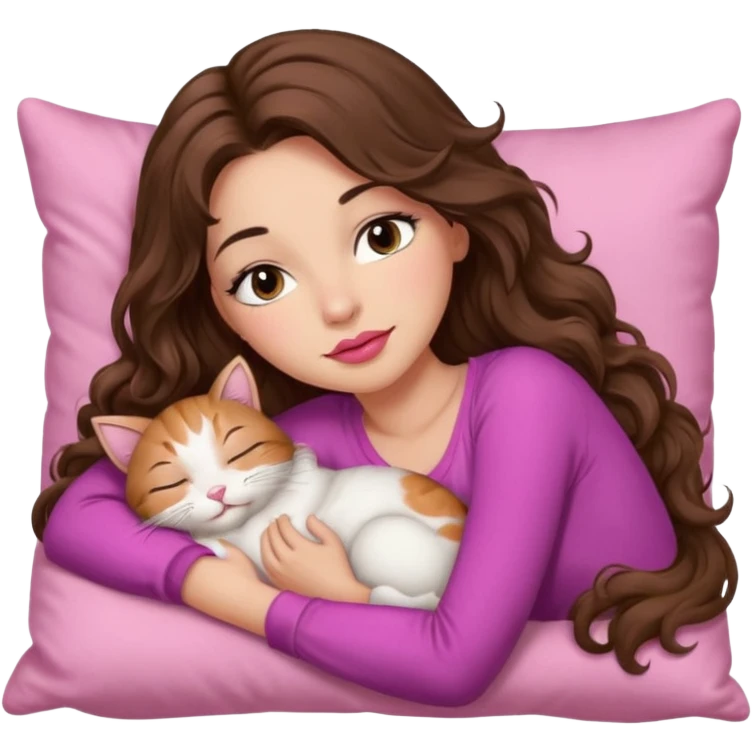 girl with long wavy brown hair, brown eyes, long lashes makeup, sexy pink lips, light to medium complexion,  sleeping on a cozy pillow, with 6 cats, sleeping emoji