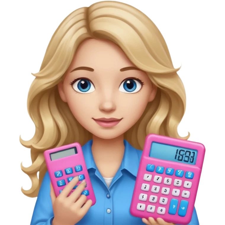 pretty female with long wavy brown hair with blonde highlights and blue eyes holding a pink calculator emoji