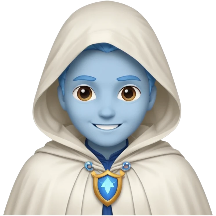 villain smiling with a white cloak, blue skin, cute emoji