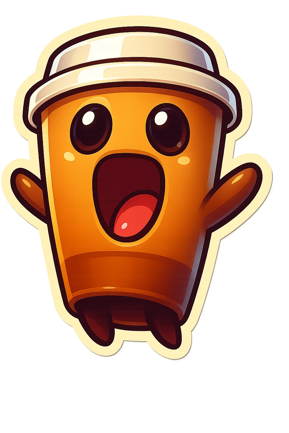 Tall coffee cup, wild, over the top, excited, big eyes, big mouth, screaming, tilted back emoji