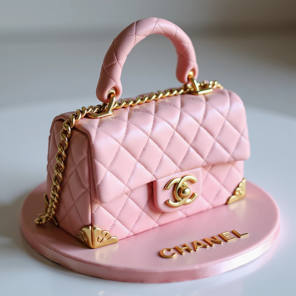 photorealistic pink Chanel handbag cake with gold accents, luxury birthday style, no background emoji