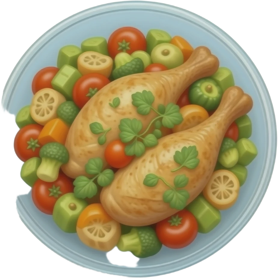 verduras salteadas con pollo, serividas en un bowl transparente emoji