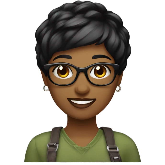 Graphic Designer woman black pixie cut with laptop, happy, no glasses emoji