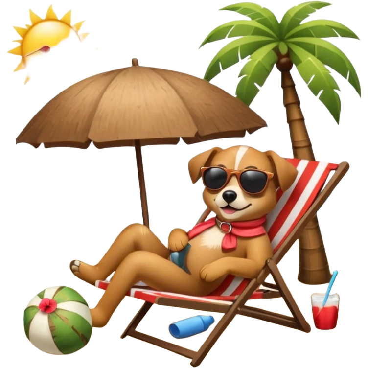 a dog laied on a beach chair, a sunny beach, a sun umbrella, and beach coconut trees. the icon should capture the essence of a relaxing beach vacation with a carefree atmosphere emoji