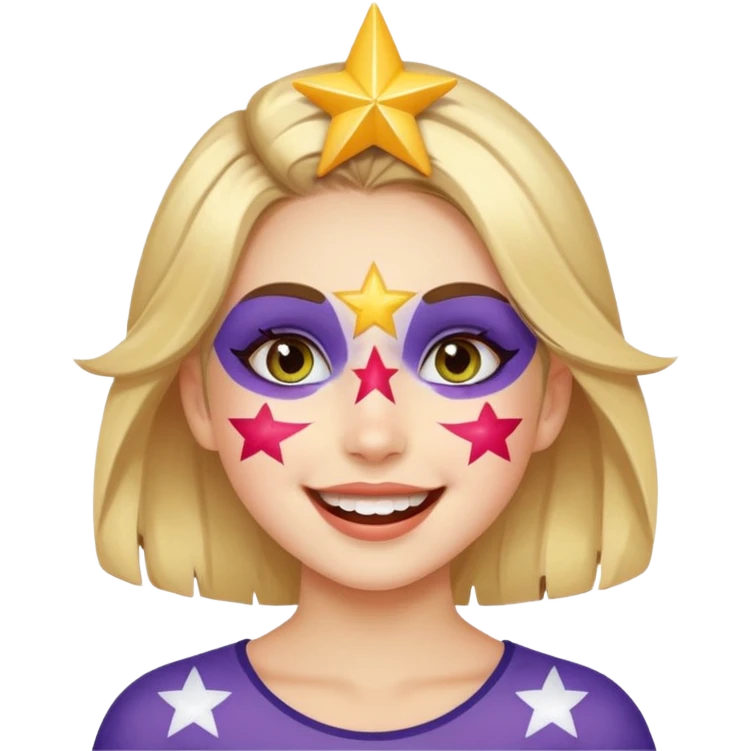 A girl with star-shaped face paint on her cheeks, cheering with bright eyes. emoji