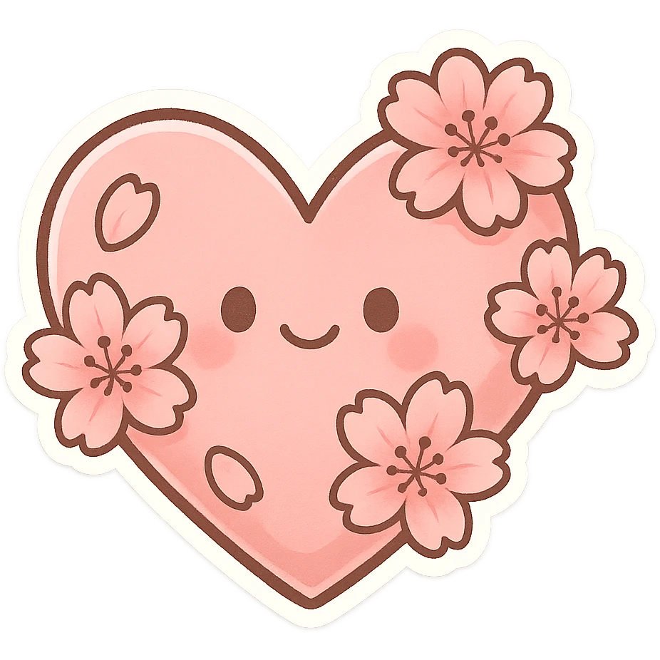 Pink heart-shaped cherry blossom pattern, Q version sticker style emoji