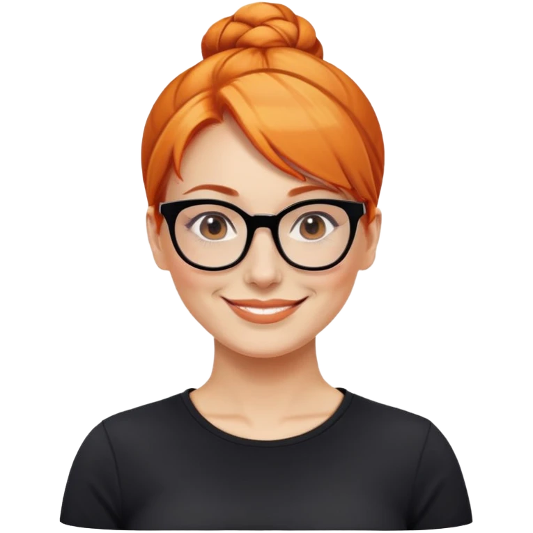 nữ 40 tuổi, da trắng, tóc búi gọn gàng màu cam, đeo kính đen, mặt cười tươi, áo đen emoji