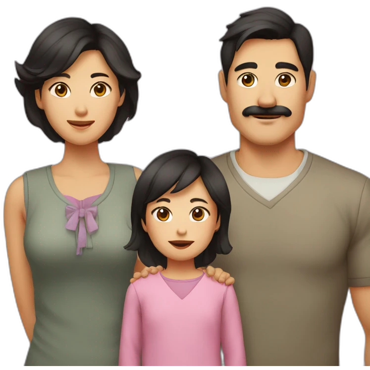 father dark hair and mustache, mother asian, son dark hair, and baby daughter emoji