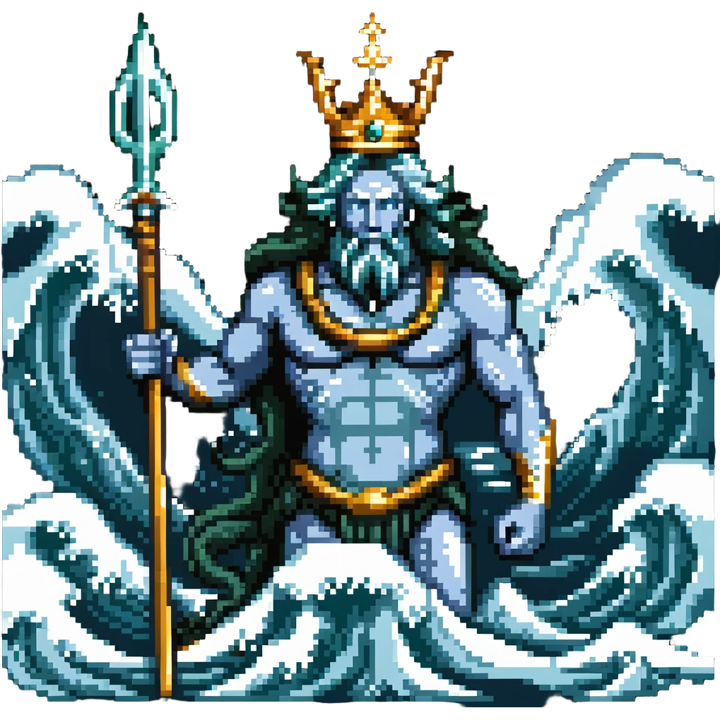 Neptune with trident emerging from ocean waves, sea god with crown emoji