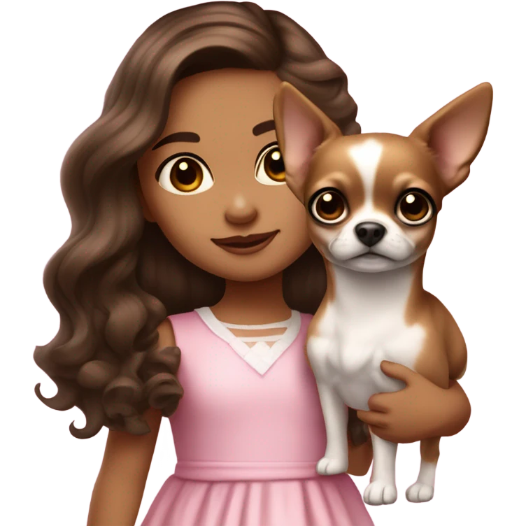 Little Girl with White skin, black eyes. Long brown wavy hair in a half up half down. She is wearing a pink and White dress, standing and holding on to a Chihuahua  emoji