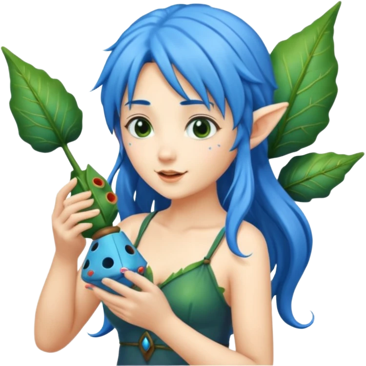 forest fairy woman with blue hair playing leaf-shaped ocarina emoji