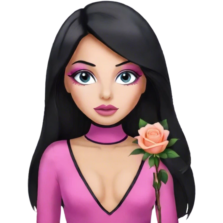 Glamours, tanned, very beautiful girl, with big pump peach-beige-rose lips, eyeliner, long lashes, black straight smooth silky long hair, straight parting hair, blue-grey eyes in pink bodysuit emoji