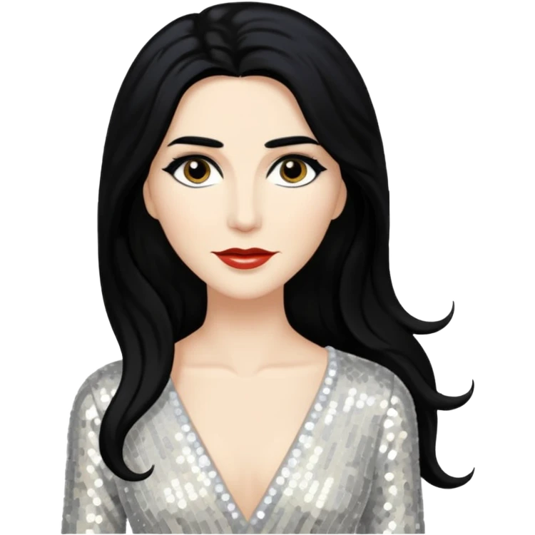 Tom "Conchita" Neuwirth with long black hair, ivory sequin outfit emoji