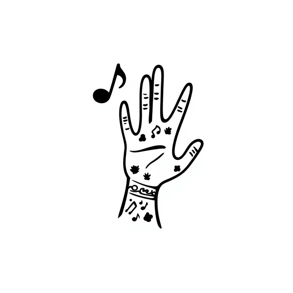 stylized symmetrical hand with tattoos in doodle style, square format, suitable as emoji for music marketing course cover emoji