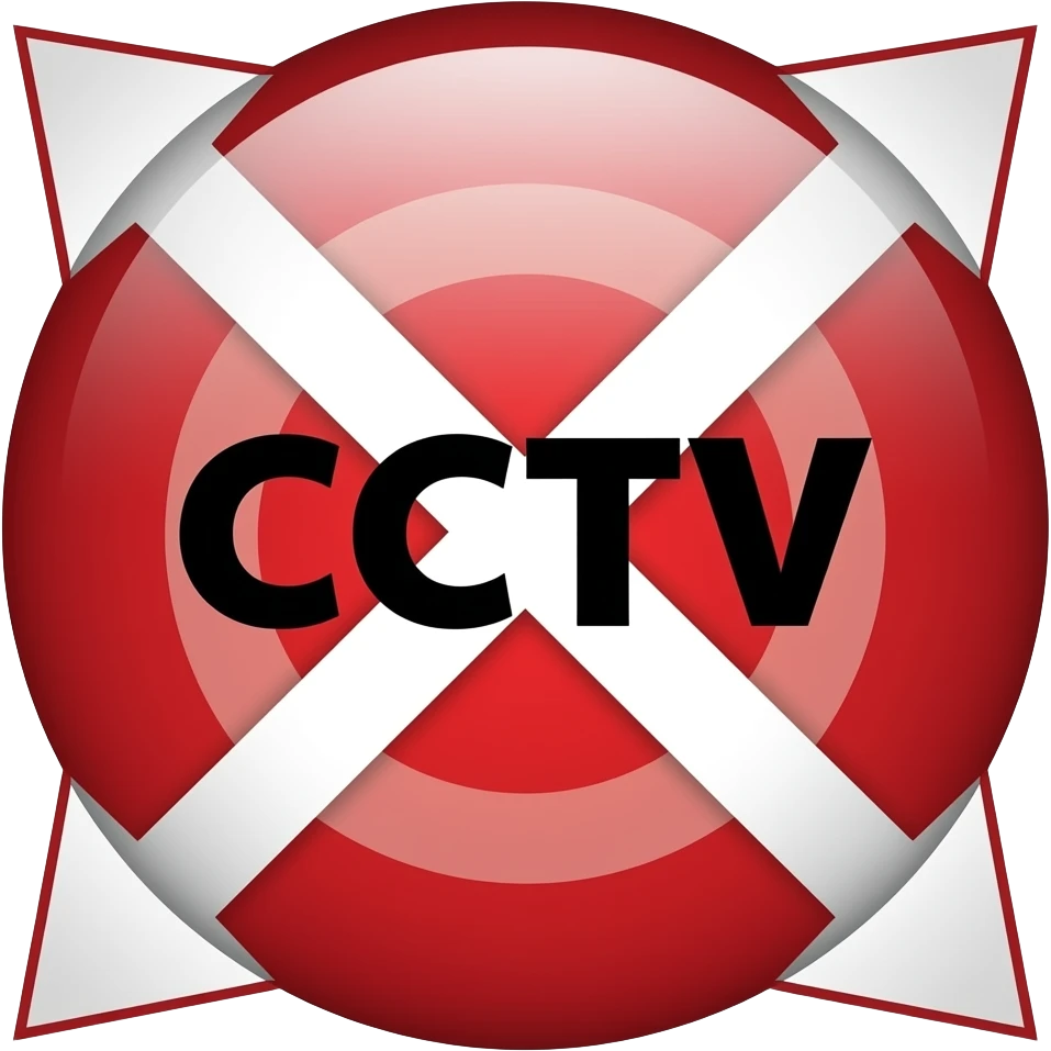 Red filled circle with white X and arrow on all end points on the X white circle in the middle. Big CCTV word in the centre in black emoji