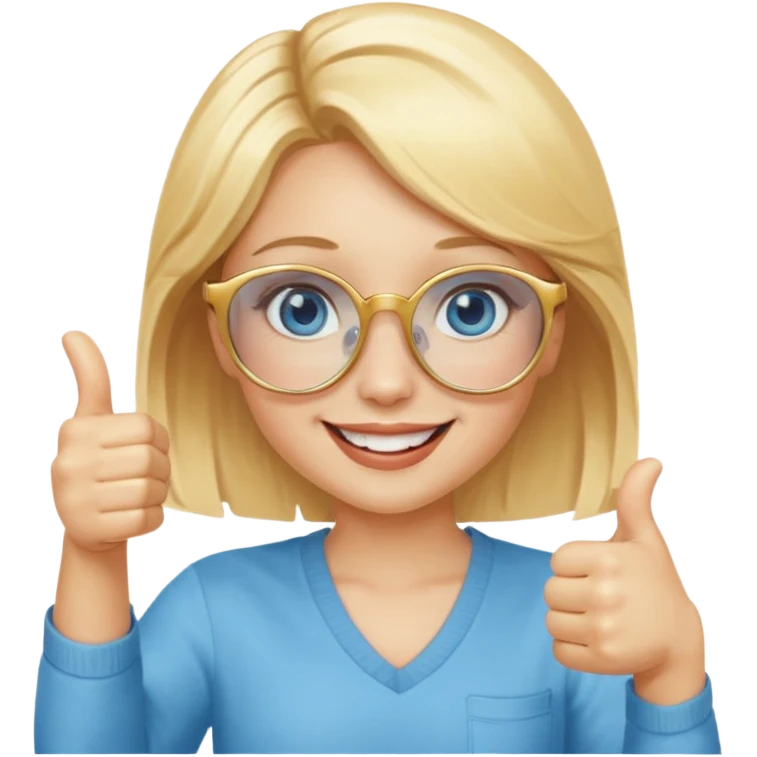 une fille blonde au yeux bleus avec des lunette dorée assez grande joyeuse avec un pouce lever emoji