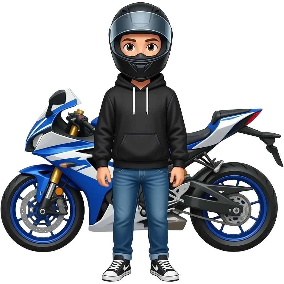 young man with blue jeans and a black hoodie wearing a black motorcycle helmet, it covers his face completely and in front of him is standing a blue white motorcycle emoji