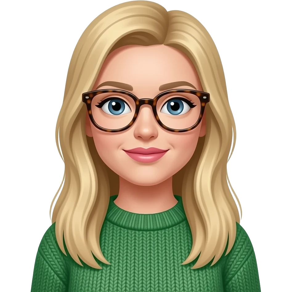 a white woman with long, straight very long dirty blonde hair. she should be wearing thick rimmed tortise shell glasses, pinker lips, wearing a green sweater and have blue eyes. emoji
