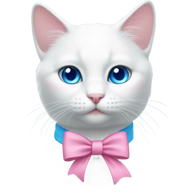 white cat with blue eyes, and a pink bow emoji