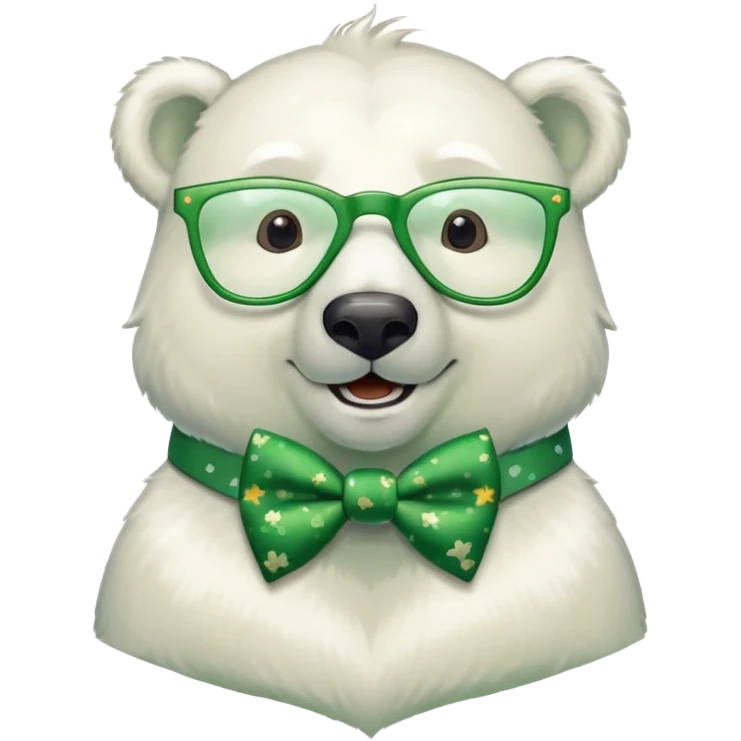 head and shoulders of a friendly anthropomorphised polar bear smiling, wearing large multicolored star-shaped glasses, green bow tie, shamrock pin, festive green shirt emoji