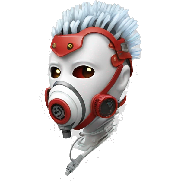 White Mohawk female cyborg head with red respirator mask and circuits emoji