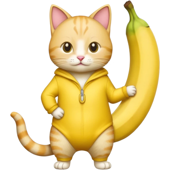 A cat with banana clothing and standing up emoji
