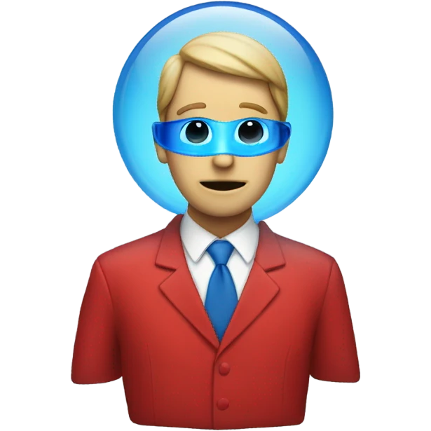 A person wearing a red suit with a blue glass part where the face is emoji