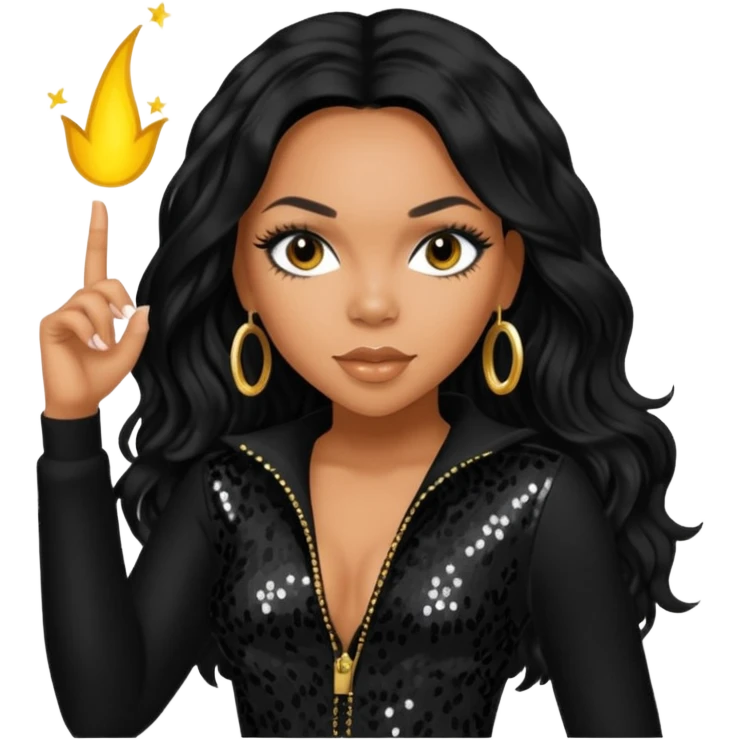 Kiely Williams from 3lw/Cheetah Girls with long jet black hair, black sequin outfit emoji