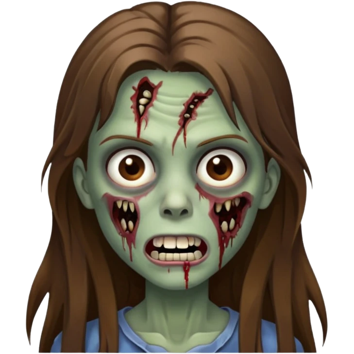 Girl zombie with brown long hair with teeth and serious face emoji