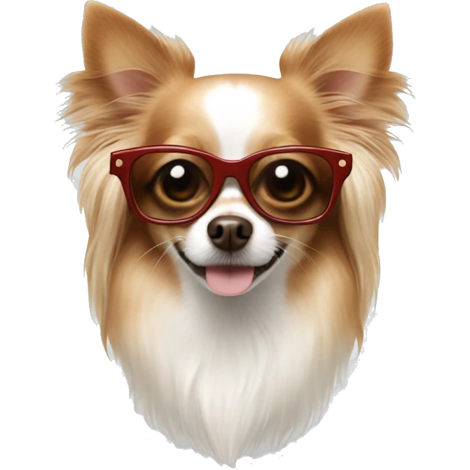 Long haired chihuahua white with reddish brown with sunglasses emoji