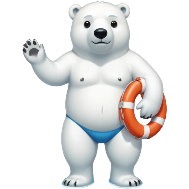 full body friendly anthropomorphised polar bear wearing swim shorts and swim goggles, standing in a puddle, holding a life buoy emoji