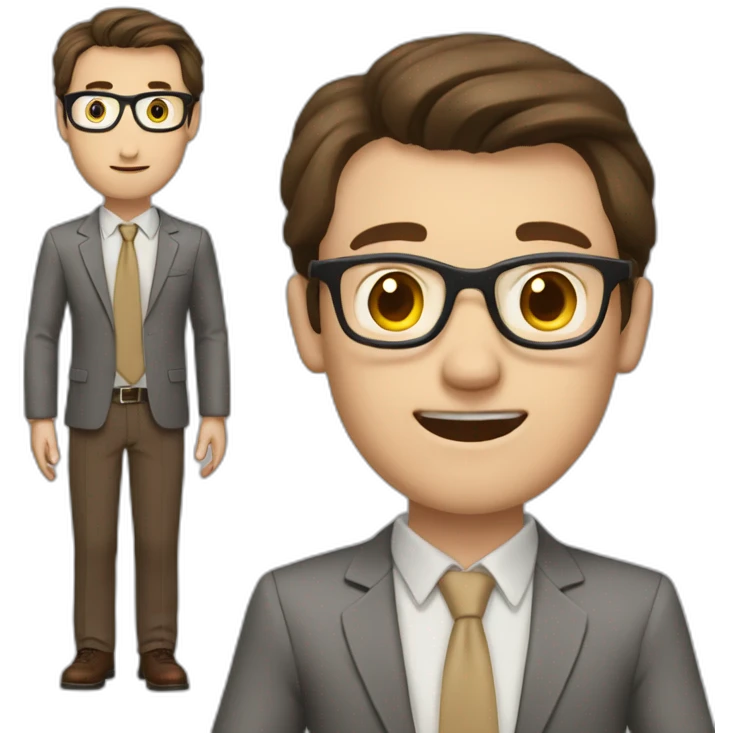 To belt Actively gesturing with hands Pale skinned fit man teacher with dark brown hair in gray jacket, beige office shirt, brown tie, brown pants and vintage glasses. emoji