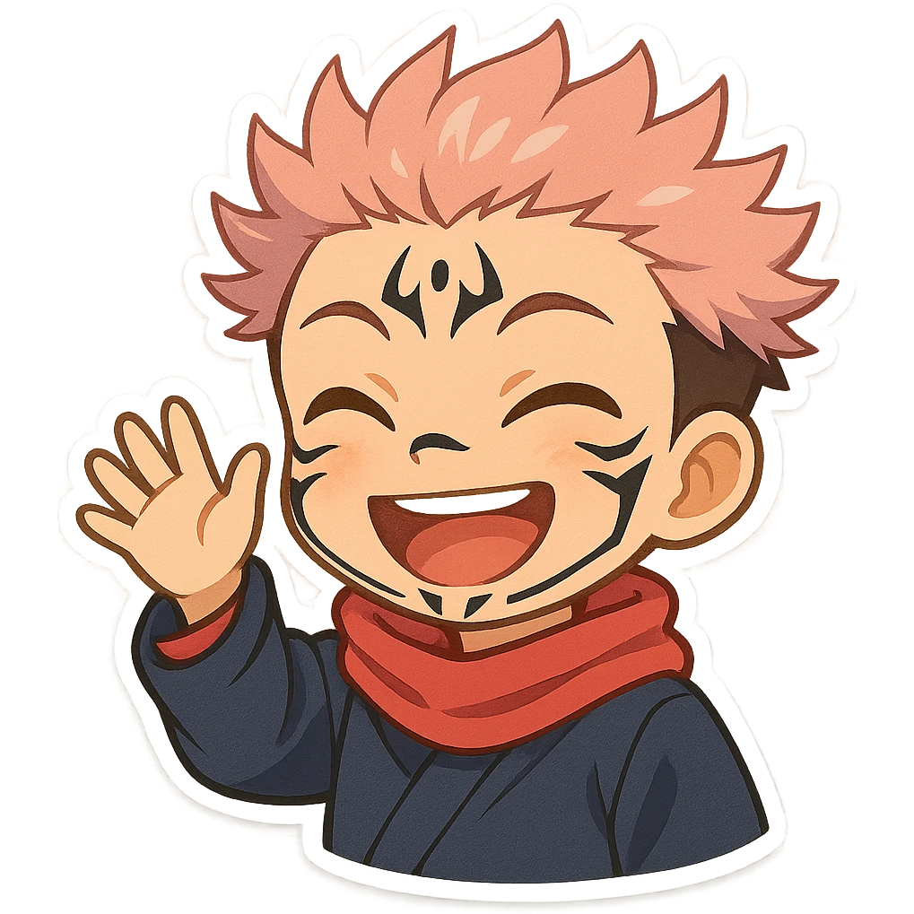 Sukuna in chibi style, waving hand, cheerful, anime-inspired, vibrant colors emoji