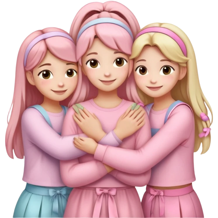 "Four girls hugging each other, all wearing soft pink clothes, two with long hair and two with shoulder-length short hair, smiling, cute iPhone emoji style, with hair accessories like headbands or ribbons, pastel color palette, soft shading, white background" emoji