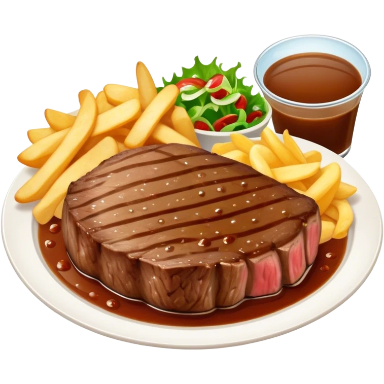 big juicy australian steak meal featuring chips, small salad in a ramiken and gravy  emoji