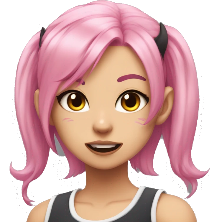 anime cat girl in sportswear, a tank top, pink hair and fangs like a vampire, but small emoji