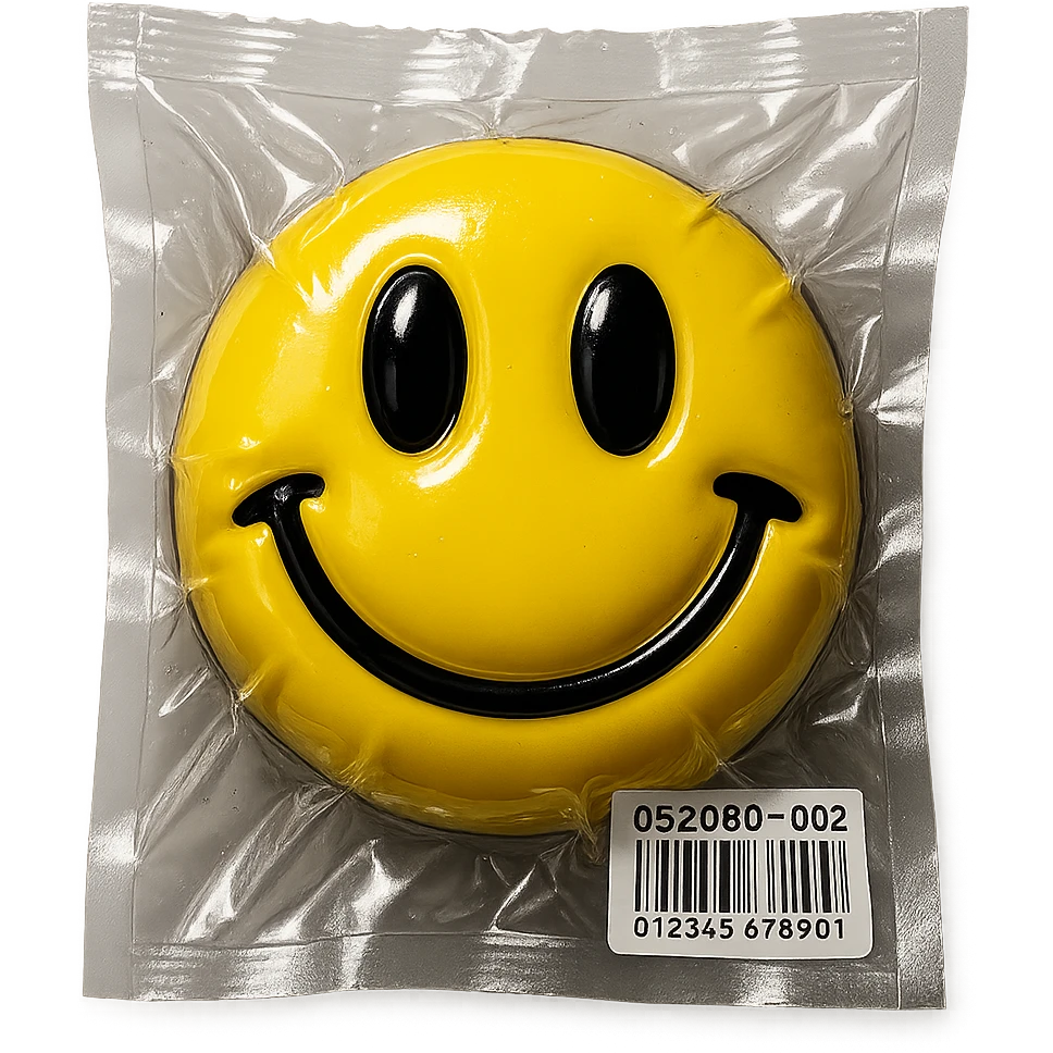 smiley face with shiny and squished look, vacuum-sealed style emoji