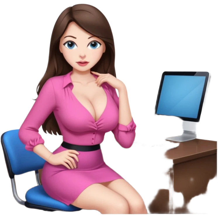 sexy woman brunette, very large breasts, pale skin, blue eyes, long brown hair, tight pink low cut  blouse, big pink lips, short black skirt. at desk emoji